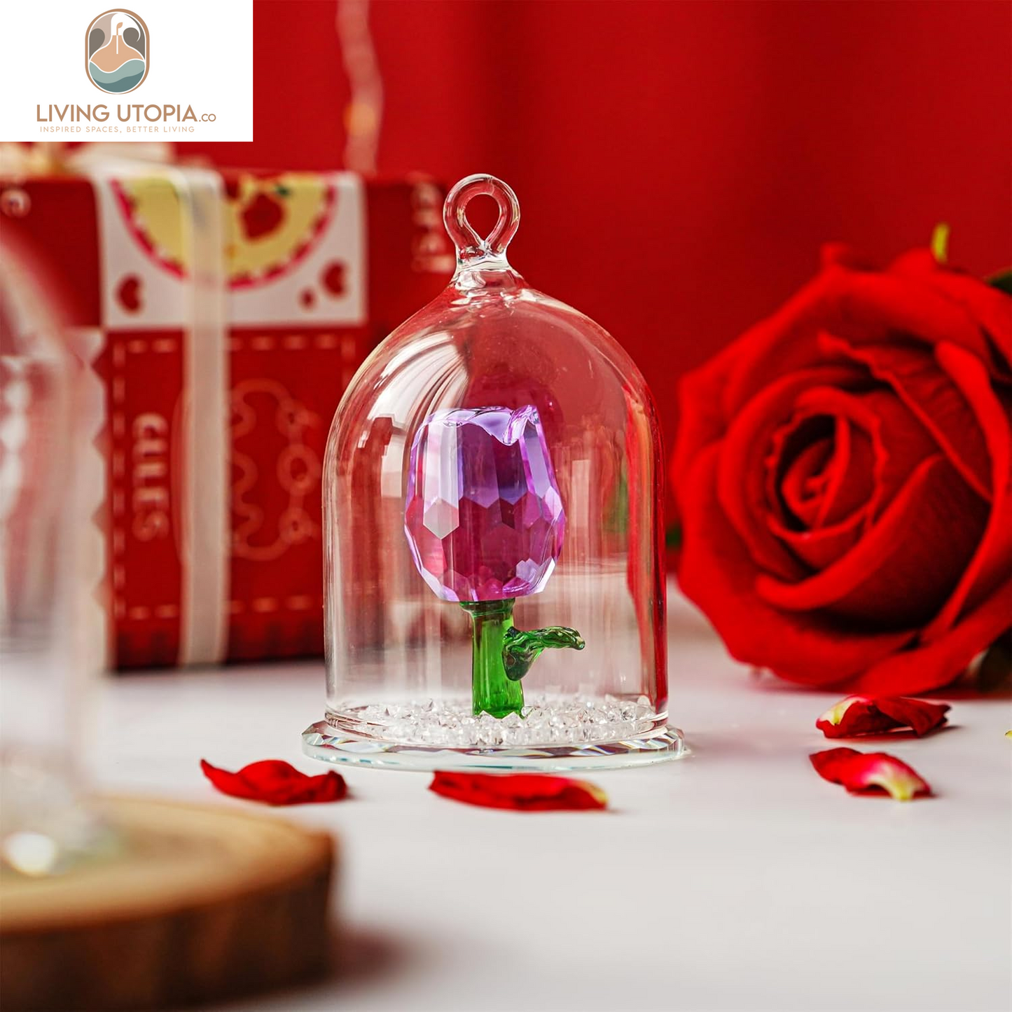 H&D Crystal Enchanted Rose Flower Figurine Dreams Ornament in a Glass Dome Gifts for Her (Purple)