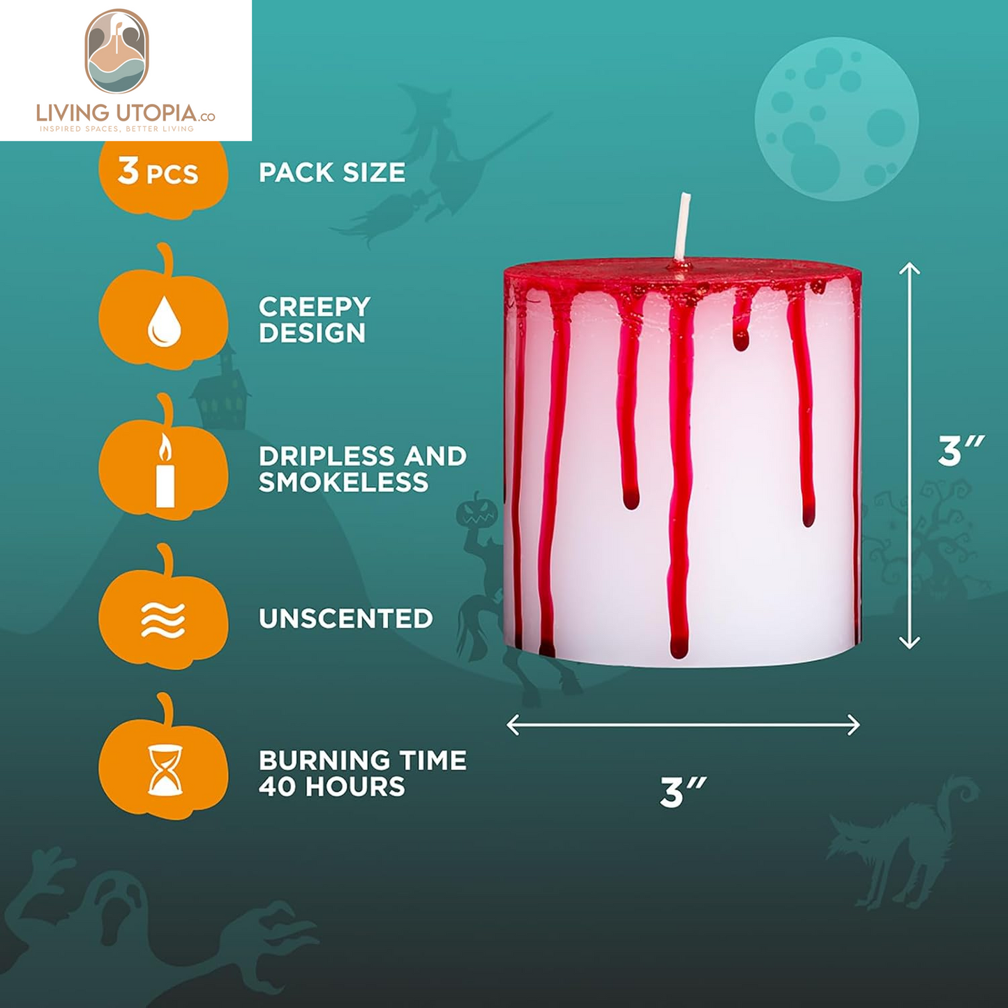 3X3 Pillar Candles Set of 3 - No Drip Candles - Decorative Candles Unscented Ideal as Halloween Candles and Bloody Halloween Decor - Bloody Candles Pillar