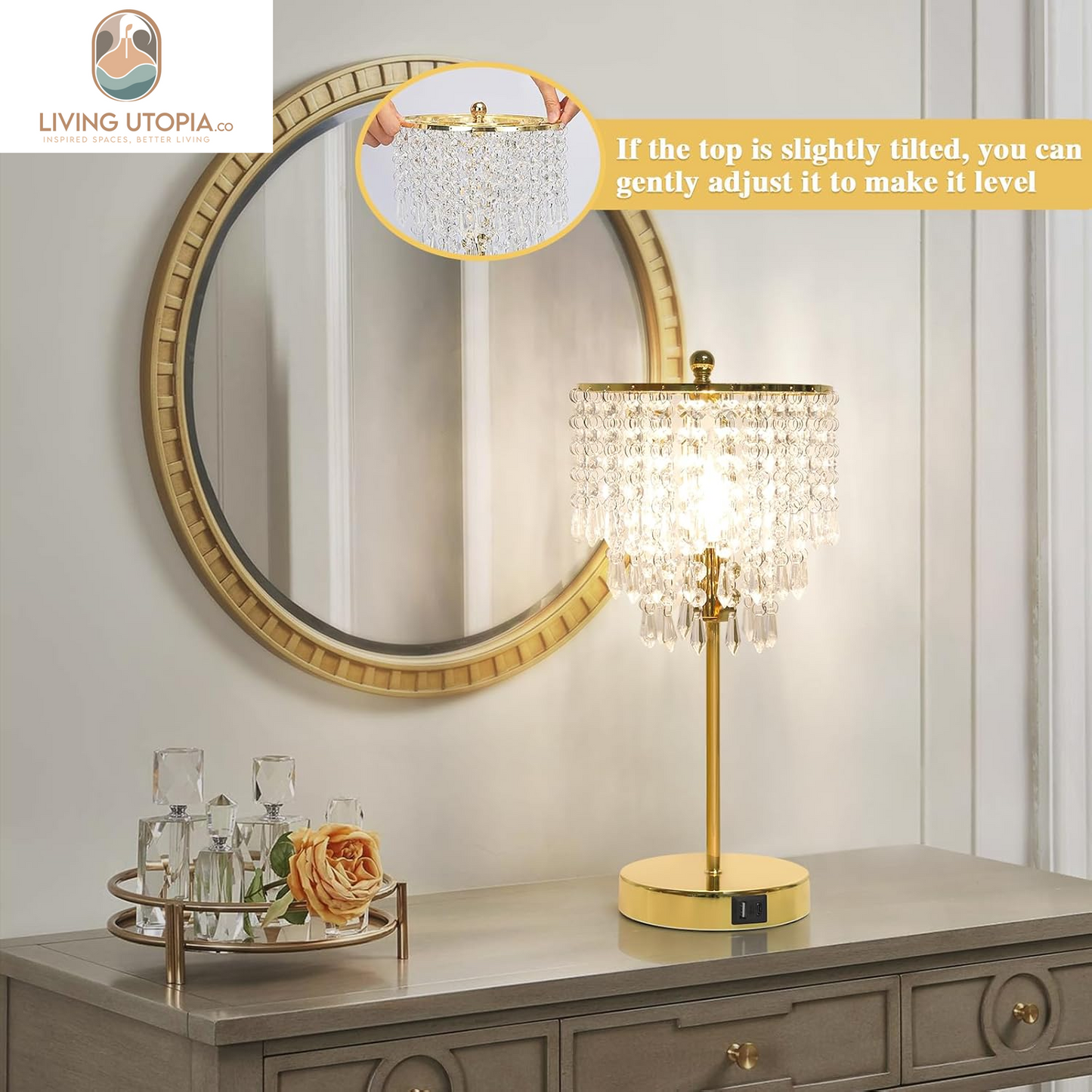 Touch Control Crystal Table Lamp with USB C+A Ports, 3-Way Dimmable Gold Lamp, Bedside Light with Crystal Shade, Girls Lamp for Bedroom, Living Room, Teens Room, Dresser, 6W LED Bulb Included