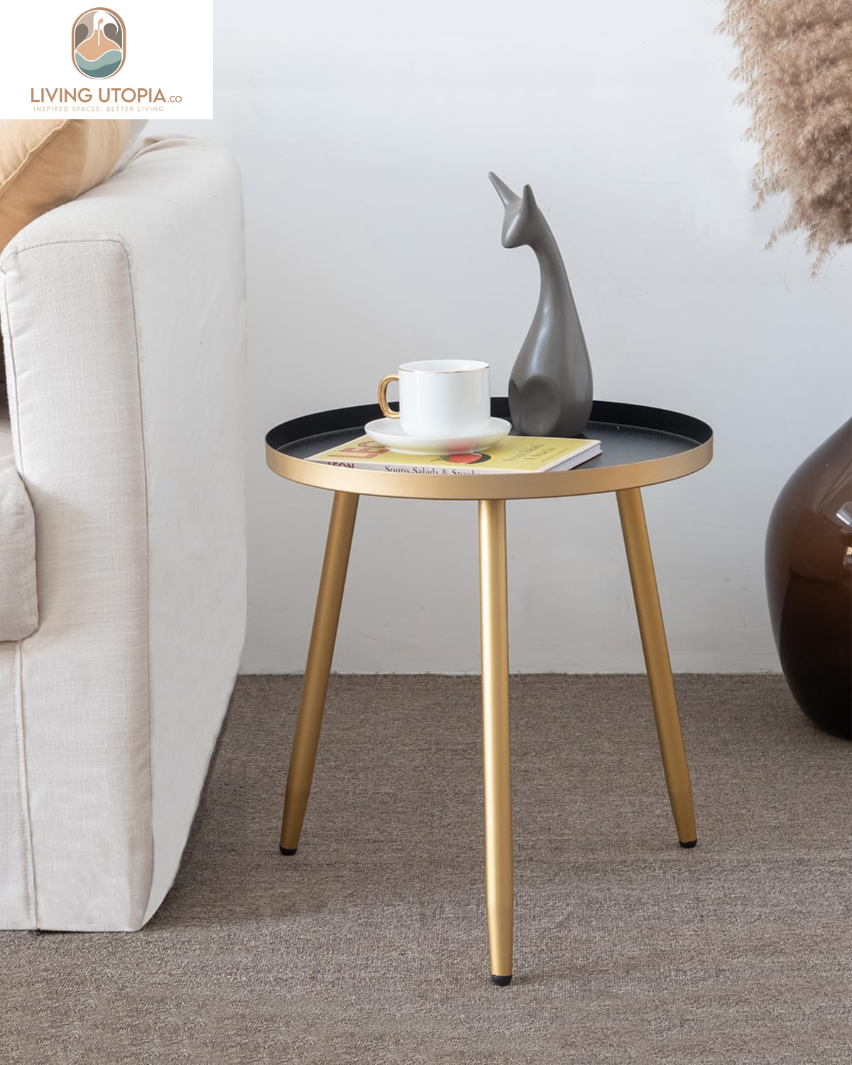 Round Black Side Table with Gold Legs