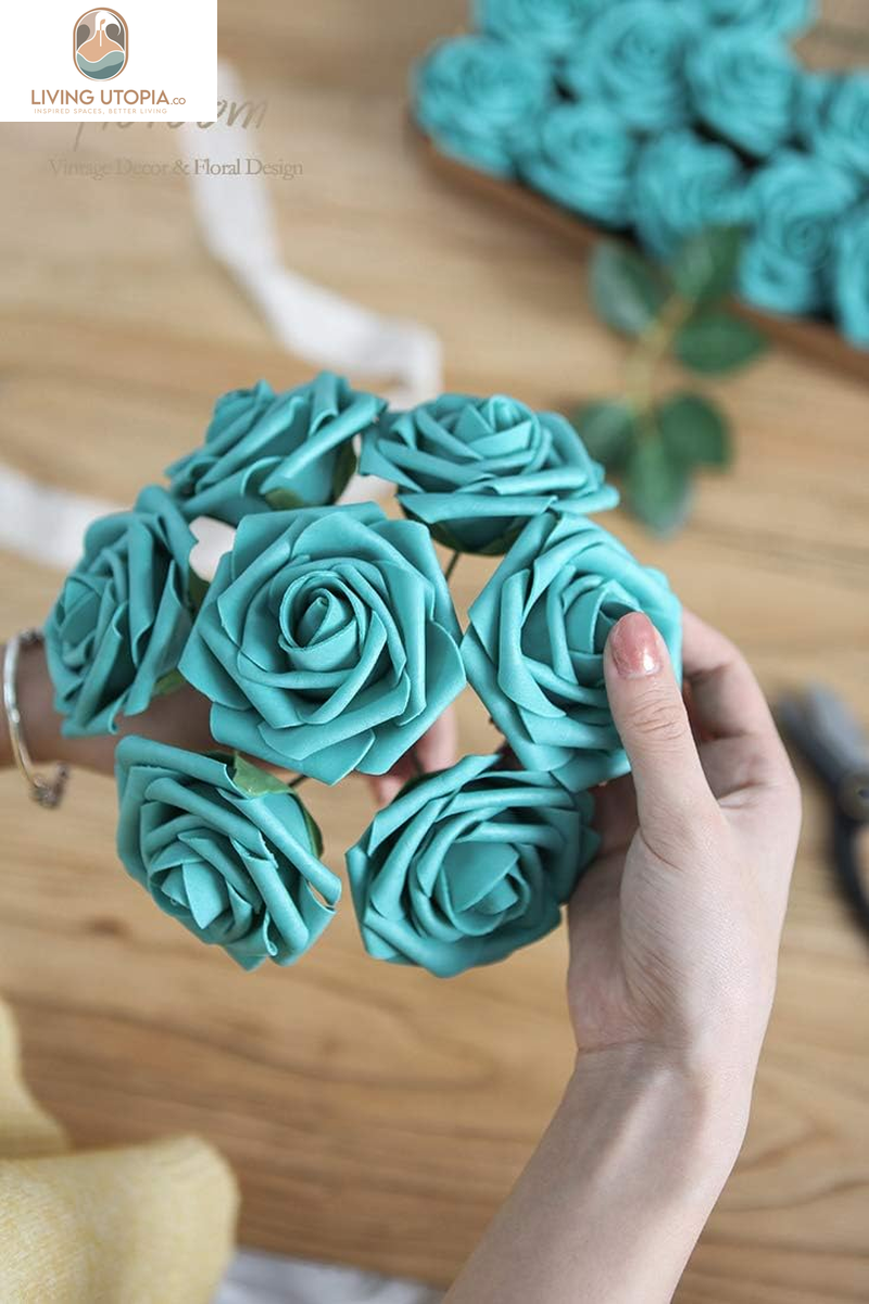 Artificial Flowers 50Pcs Real Looking Teal Green Foam Fake Roses with Stems for DIY Wedding Bouquets Bridal Shower Centerpieces Floral Arrangements Party Tables Home Decorations