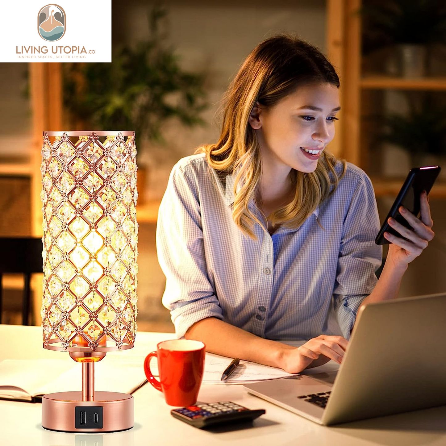 Crystal Table Lamp - 3-Way Dimmable Touch Control, Rose Gold Bedside Lamp with USB C and a Ports, Nightstand Light for Living Room, Bedroom, Home Office (Bulb Included)