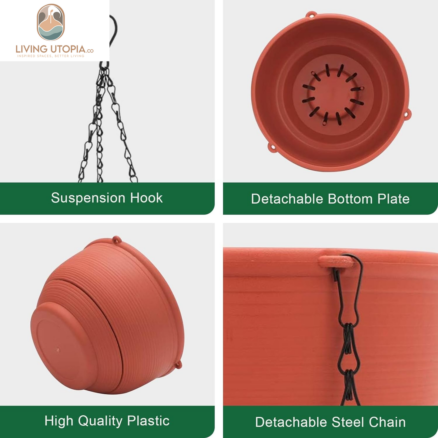 2 Packs 8 Inch Plastic Hanging Planter Pot Self Watering Basket with 6 Pcs Hooks, Indoor Outdoor Plants Flower Pot Detachable Base for Garden Home Decoration (Terracotta Color)