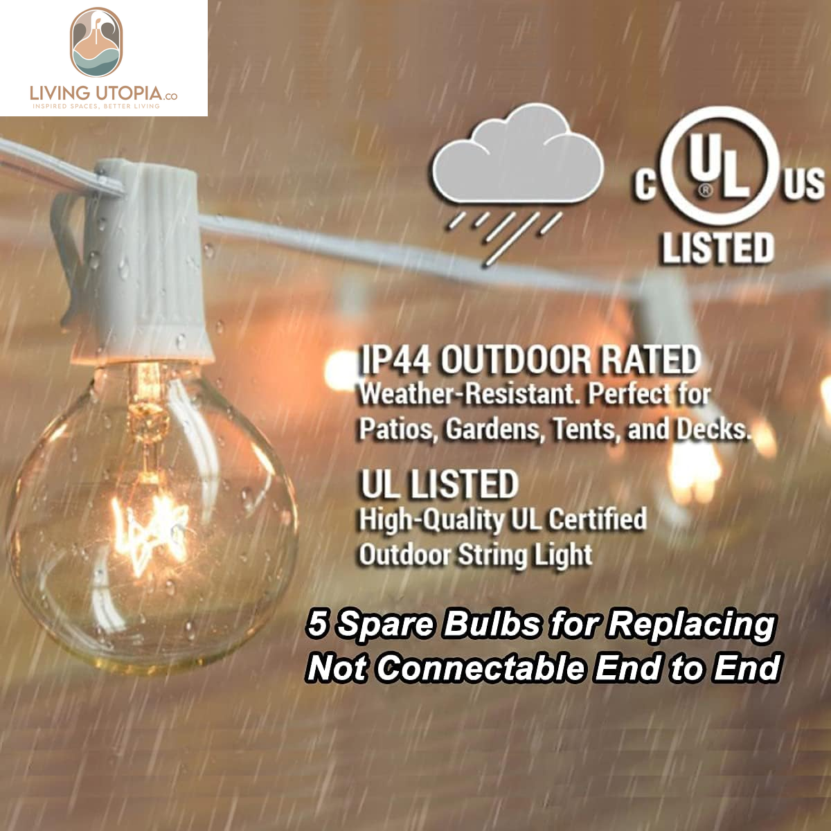 Outdoor String Light G40-100Ft with 105 Edison Glass Bulbs, 5W, E12 Socket Base, UL Listed Waterproof for Patio Lights Bars Party Decor, White