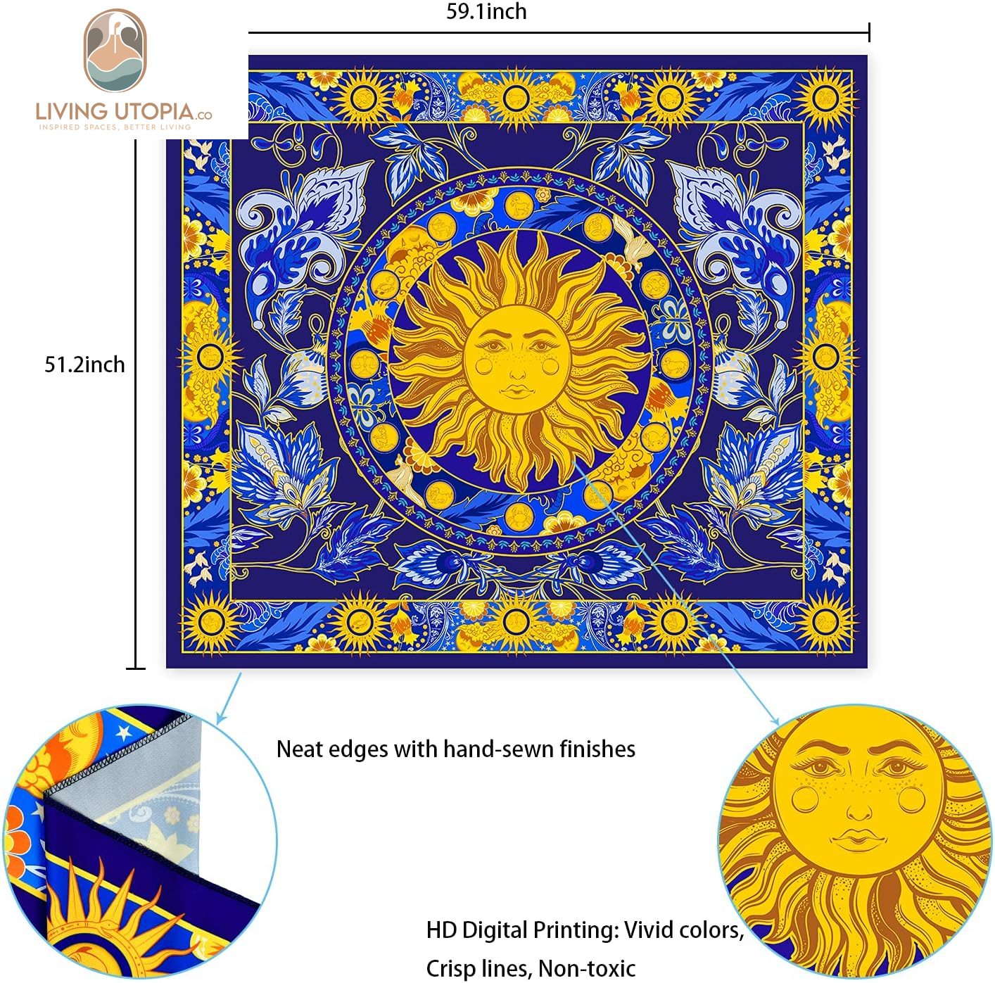 Burning Sun Tapestry Flower Vines Tapestries Vintage Floral Tapestry Mystic Tapestry Hippie Tapestry Wall Hanging for Room(Blue, 51.2 X 59.1 Inches)