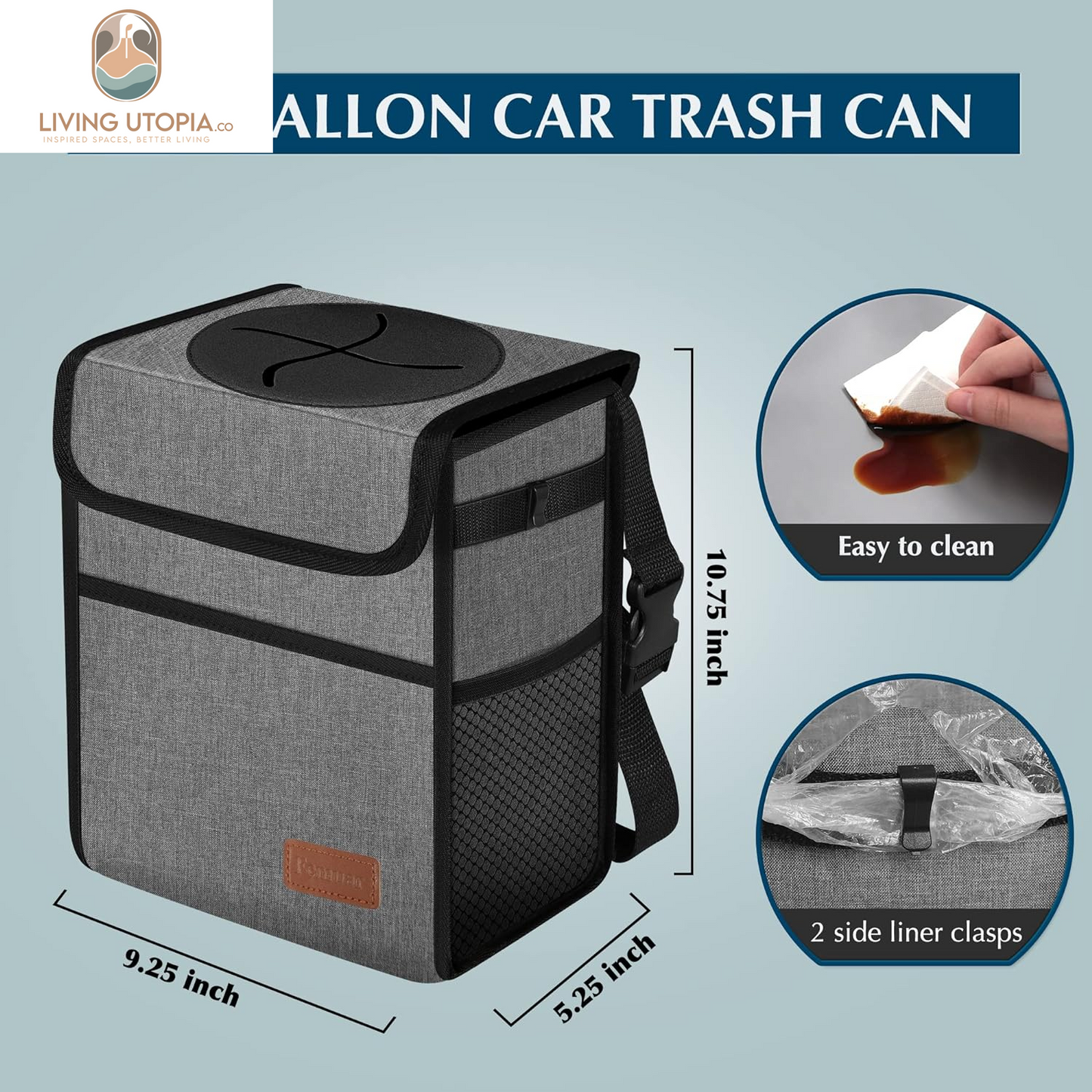 Car Trash Can Leak Proof Car Trash Bag Waterproof Car Garbage Can with Lid for SUV Front Seat Multipurpose Car Hanging for Headrest Collapsible and Portable with Storage Mesh Pocket, Grey