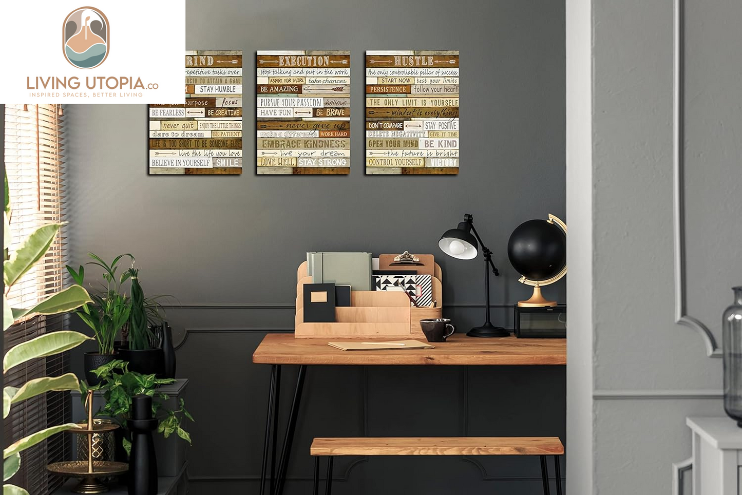 Motivational Wall-Decor - Brown Inspirational Posters - 3 Piece Canvas Wall Art for Bedroom Ready to Hang Size 12" X 16"