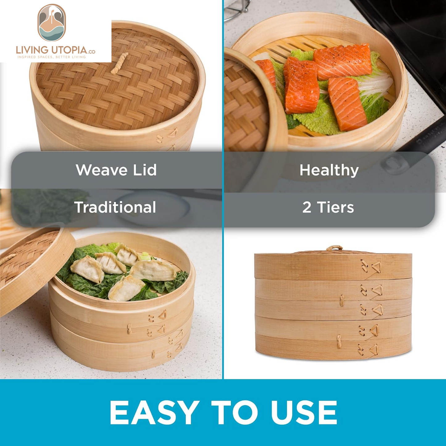 10-Inch Bamboo Steamer - Classic 2 Tier Design for Steaming Veggies, Dumplings, Dim Sum, Chicken, Fish, & Asian Food - Natural Eco-Friendly Steaming Basket, Ideal for Healthy Cooking