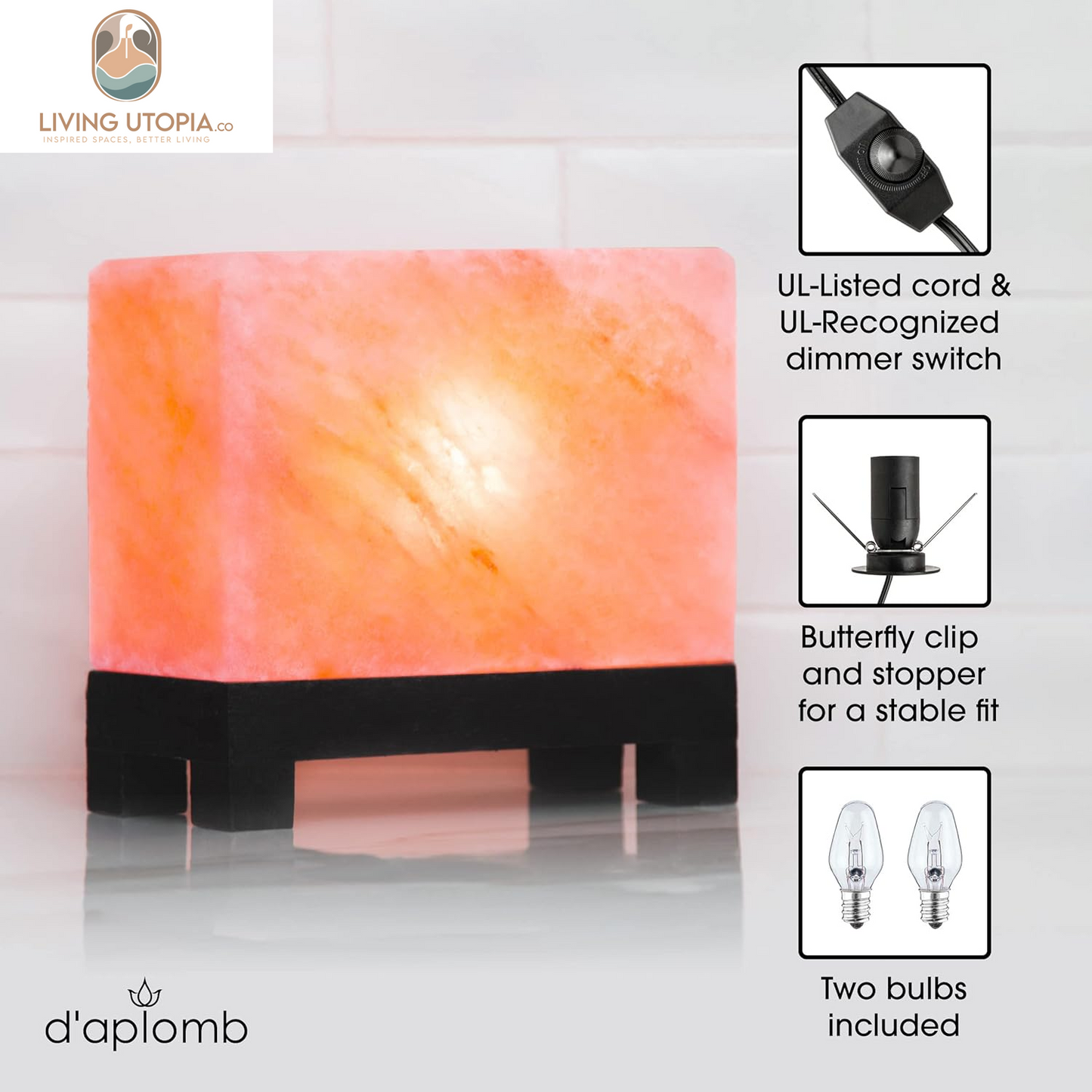 100% Authentic Natural Himalayan Salt Lamp;Hand-Carved Modern Rectangle Rare Pink Crystal Rock Salt from the Himalayan Mountain; Footed Wood Base, Dimmer Cord; 11.5 Lbs
