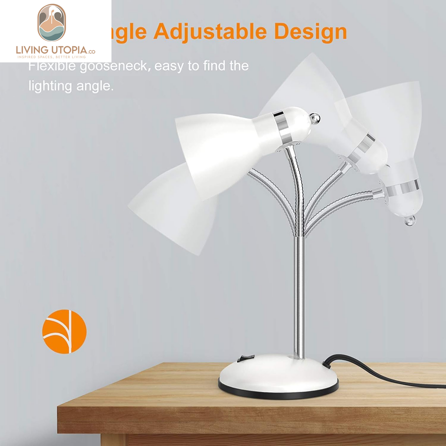 Metal Desk Lamp, Adjustable Goose Neck Table Lamp, Eye-Caring Study Desk Lamps for Bedroom, Study Room and Office (White)