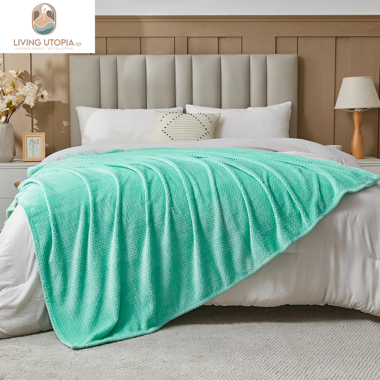 Super Soft Throw Blanket Aqua Premium Silky Flannel Fleece Leaves Pattern Lightweight Bed Blanket All Season Use (Aqua, Throw(40"X50"))