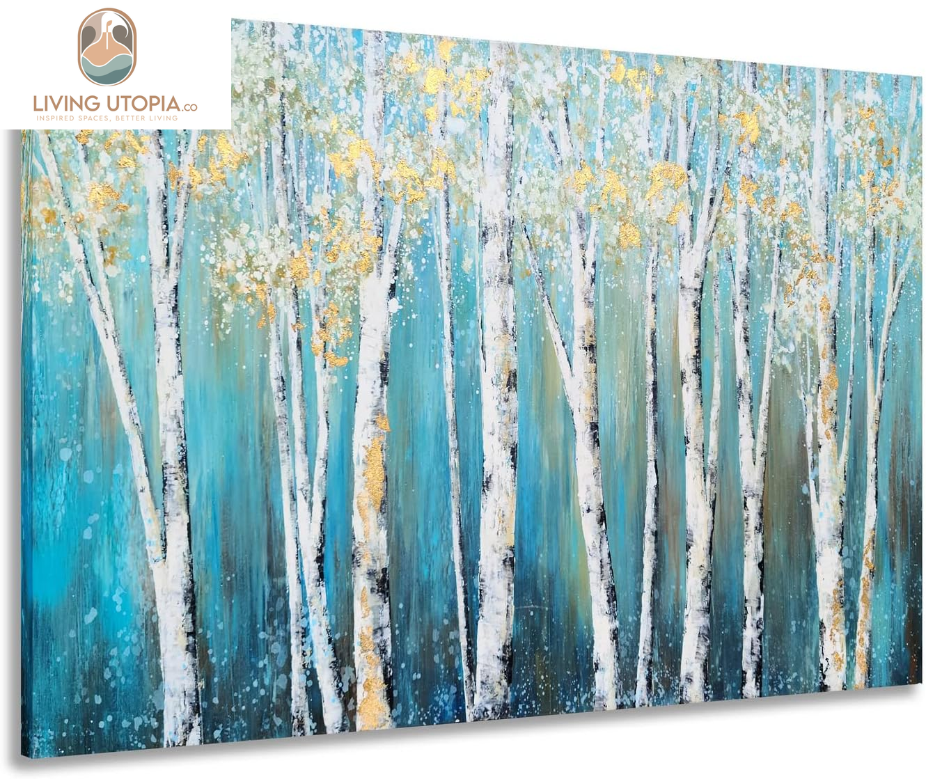 Birch Tree Canvas Wall Art Hand Painted Teal and White Color Painting with Gold Foil Modern Forest Pictures for Living Room Bedroom Office Decoration