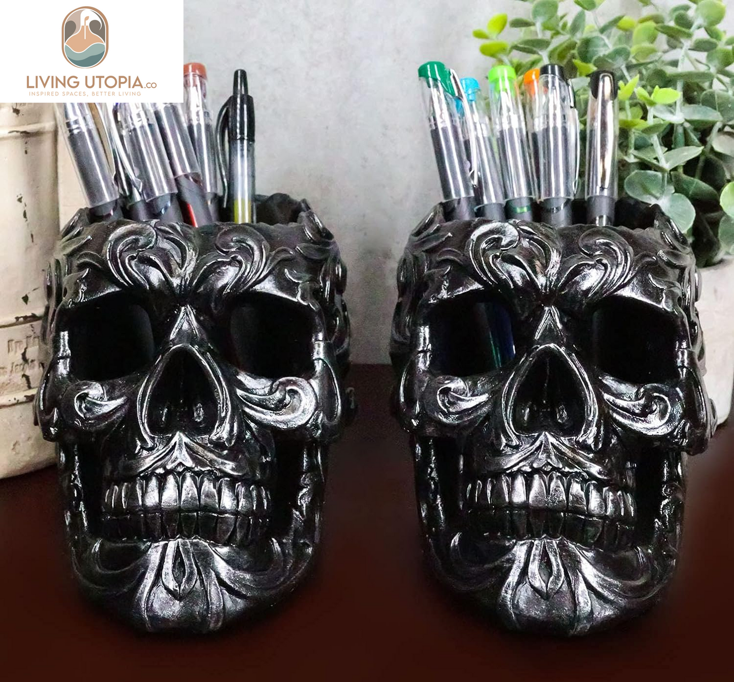 Set of 2 Tribal Tattoo Floral Skull Pen Holder Figurine 5.75" L Office Desktop Ossuary Skulls Decor Cranium Skeleton Head Stationery Holder as Halloween Macabre Graveyard Spooky Statue