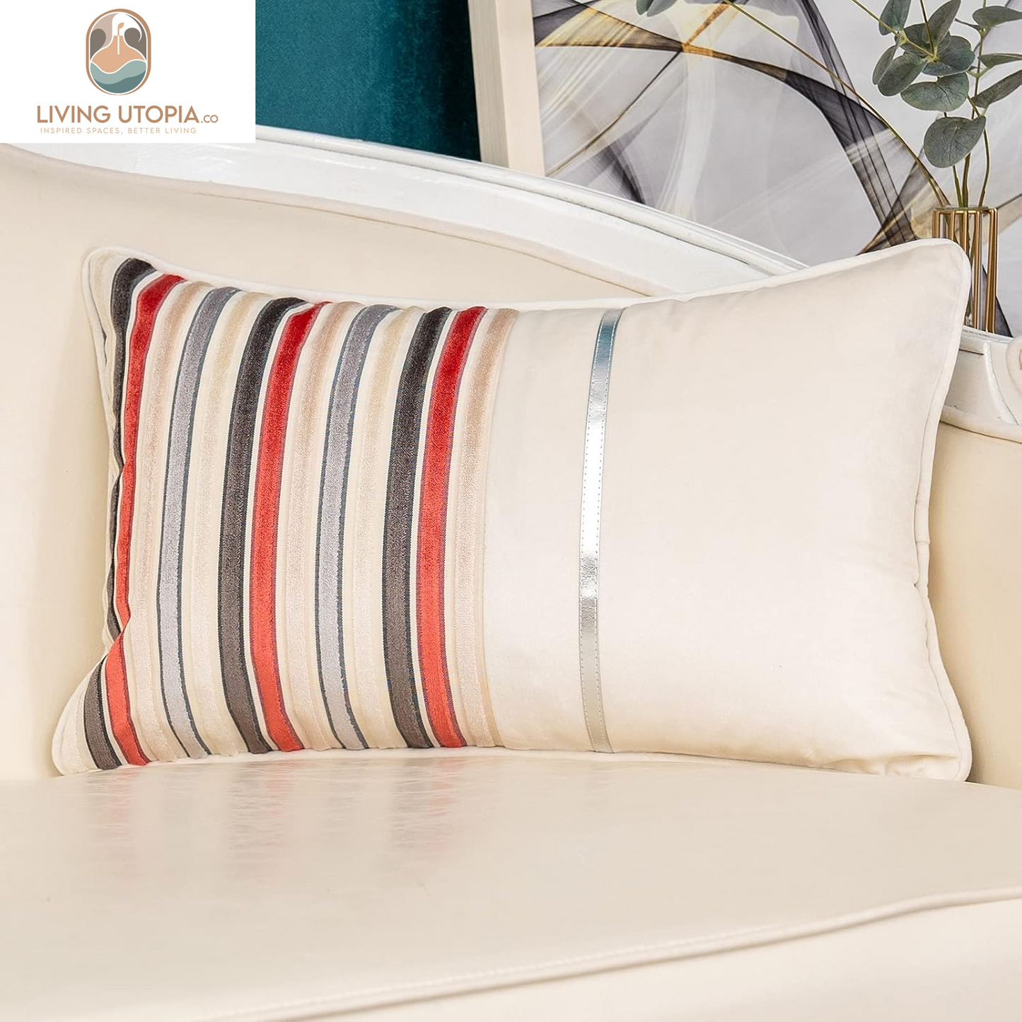 Red Striped Patchwork Throw Pillow Cover Gold Leather Cushion Cover Zippered Rectangular Pillowcase for Sofa Couch Bedroom Living Room Home Decoration, 12X20 Inch