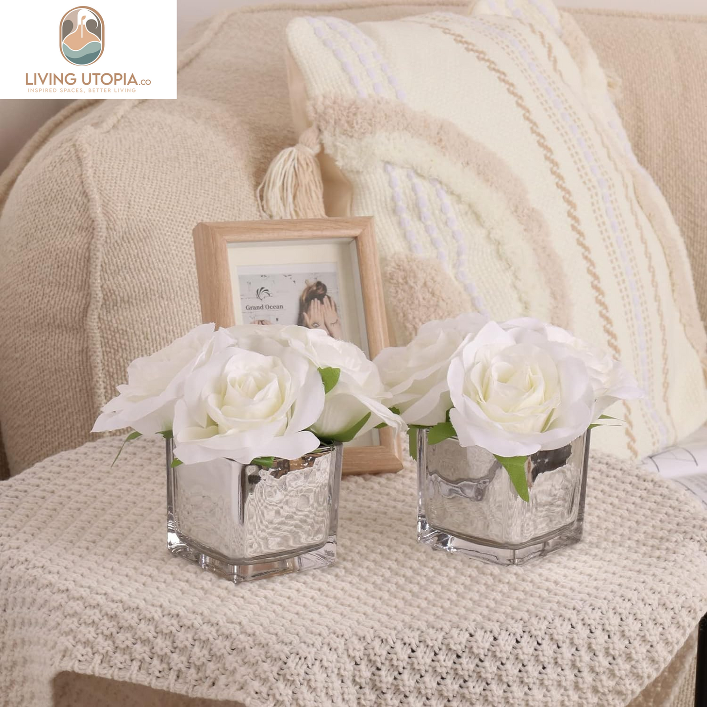 2 Pack Fake Flowers with Vase, Silk Roses Artificial Flowers in Vase, Faux Flower Arrangement with Vase Suitable for Home Office Decoration, Dining Table Centerpiece, Valentine'S Day