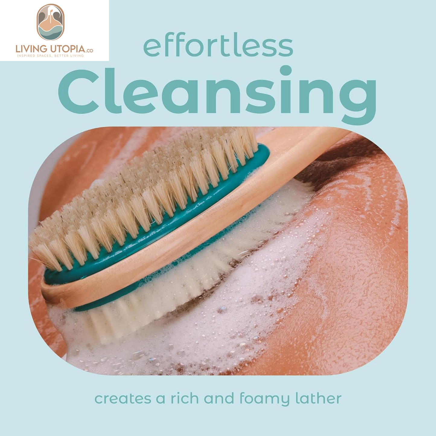Back Scrubber for Shower – Long Handle Dual-Sided Brush for Body Wash & Scrubbing with Exfoliating & Soft Bristles (Teal, Wood)
