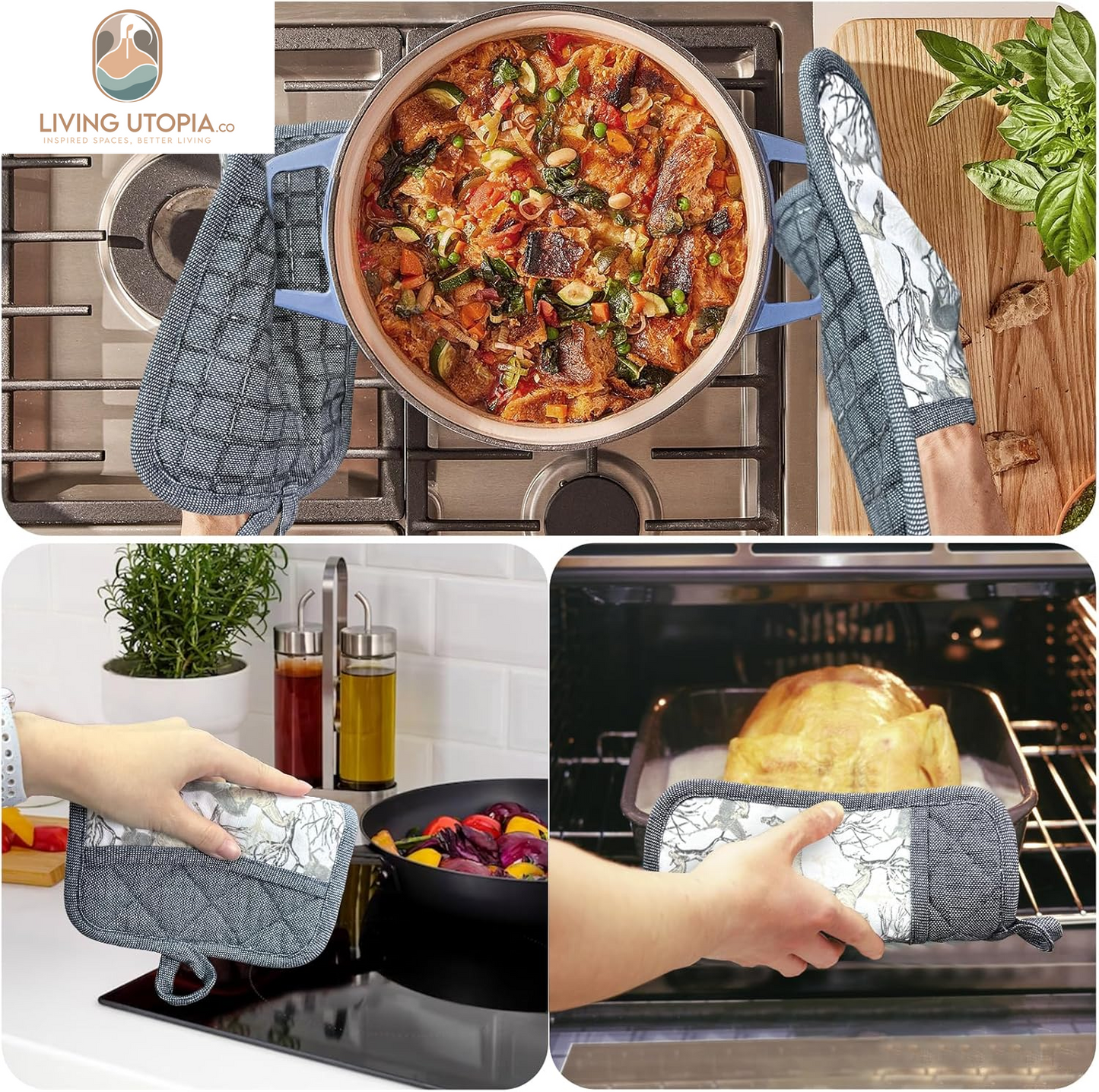 Pot Holders Set of 3 Silicone Printing Non Slip Heat Resistant, Yarm-Dyed Hot Pads Cotton Home Kitchen Cooking Barbecue Microwave Women Men Machine Washable BBQ Grilling. (Gray Potholders)