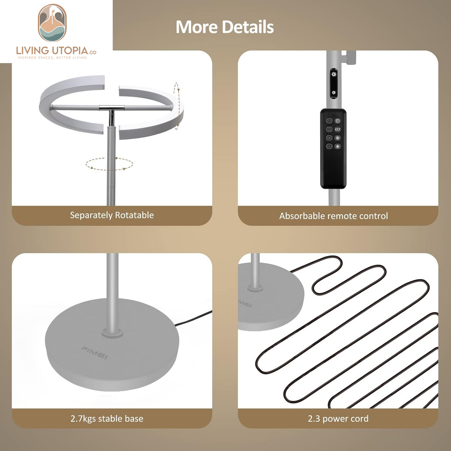 Split Floor Lamp with Reading Light, Modern Bright LED Rotatable Standing Lamp with Stepless Dimming and 3000K-6000K Color for Living Room Bedroom Office, Touch and Remote Control, Gray