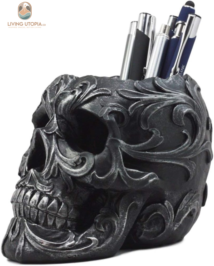 Set of 2 Tribal Tattoo Floral Skull Pen Holder Figurine 5.75" L Office Desktop Ossuary Skulls Decor Cranium Skeleton Head Stationery Holder as Halloween Macabre Graveyard Spooky Statue