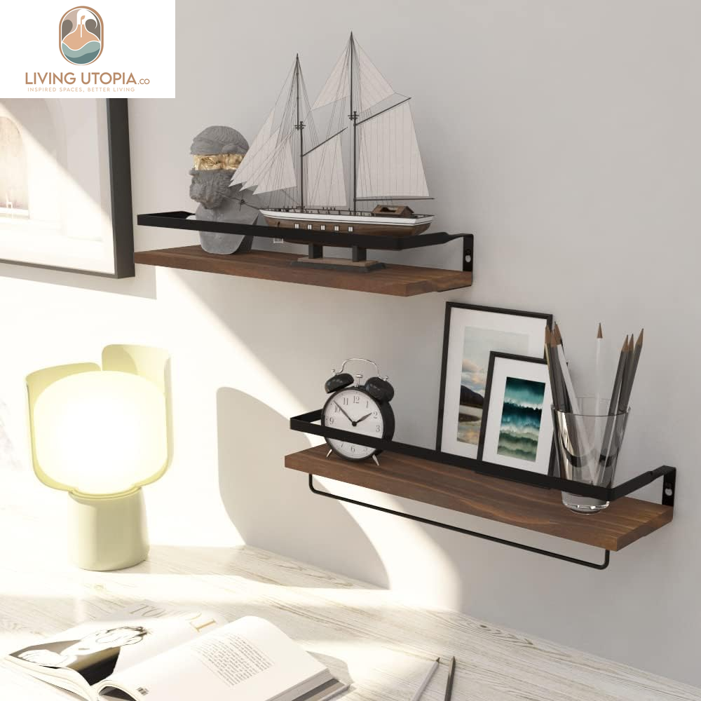 Floating Shelves for Wall, Bathroom Shelves with Towel Bar, Wall Mounted Storage Shelves for Kitchen, Bathroom, Set of 2 Brown