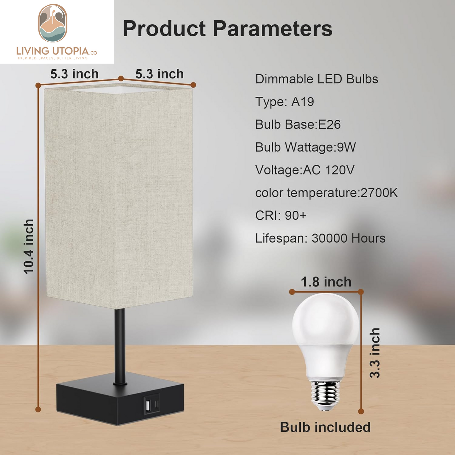 Table Lamp with USB C USB a Port,Square Touch Lamp for Bedroom with 3 Way Dimmable 2700K Warm Light, Beige Fabric Lamp Shade Small Lamp for Night Stand LED Bulb Included