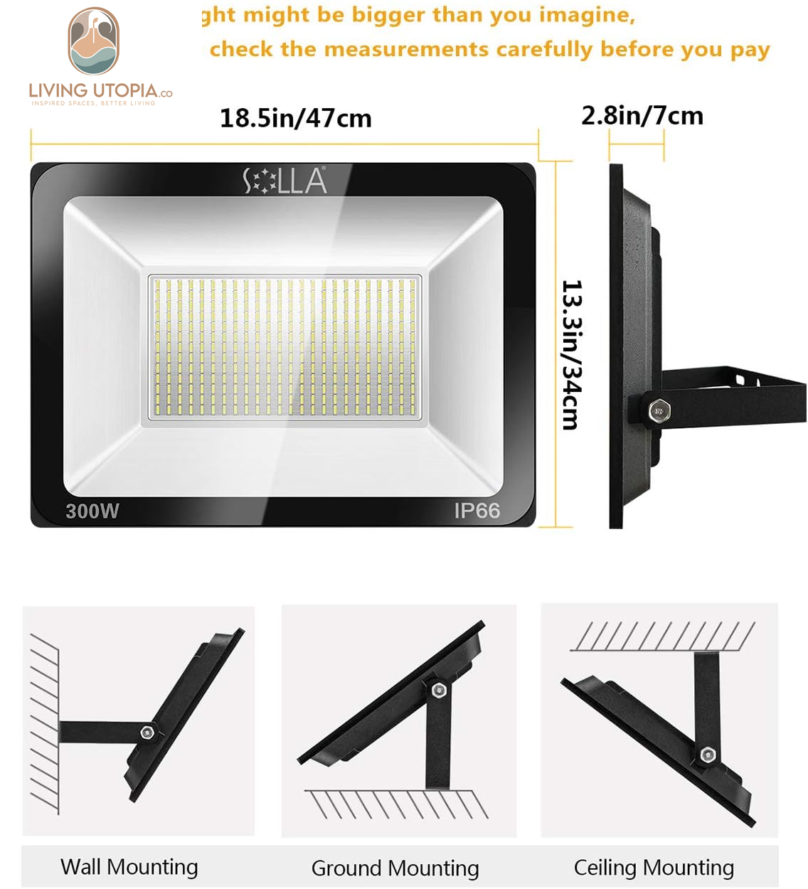 300W LED Flood Light, IP66 Waterproof, 24000Lm, 1600W Equivalent, Super Bright Outdoor Security Lights, 6000K Daylight White, Floodlight Landscape Wall Lights