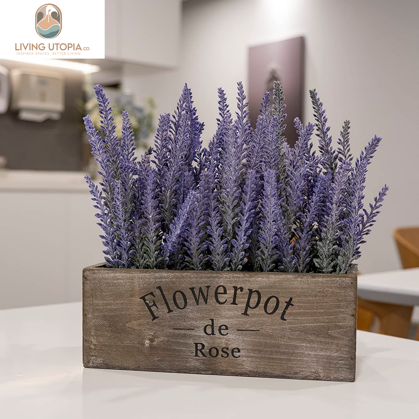 Purple Artificial Lavender Flowers with Decorative Tray Wooden Box 9 Inches - Lifelike Faux Lavender Plants for Home and Office Decor, Fake Lavender Rustic Farmhouse Style