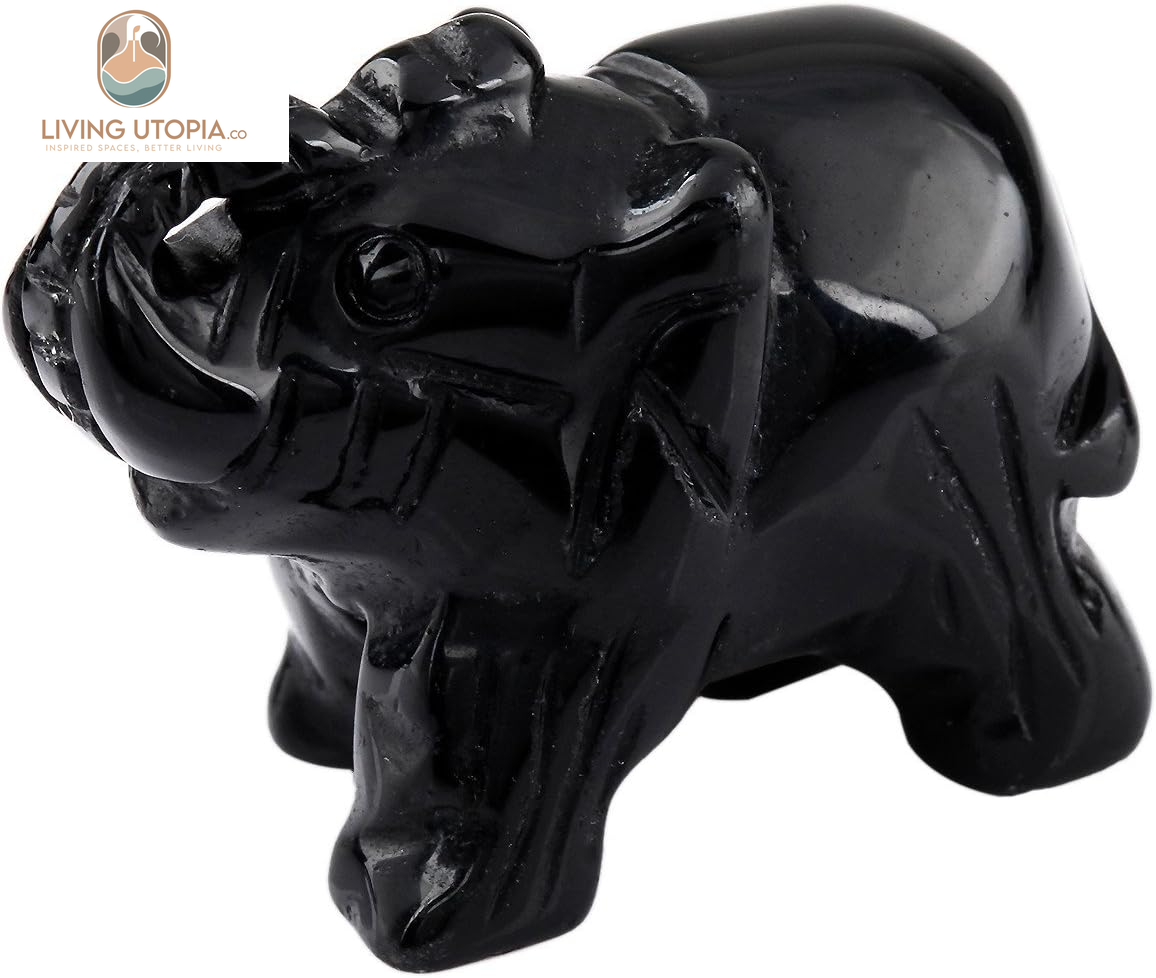 Black Obsidian Crystal Elephant Sculpture Statue Crafts Healing Reiki Pocket Gemstone Figurines 1.5 Inch