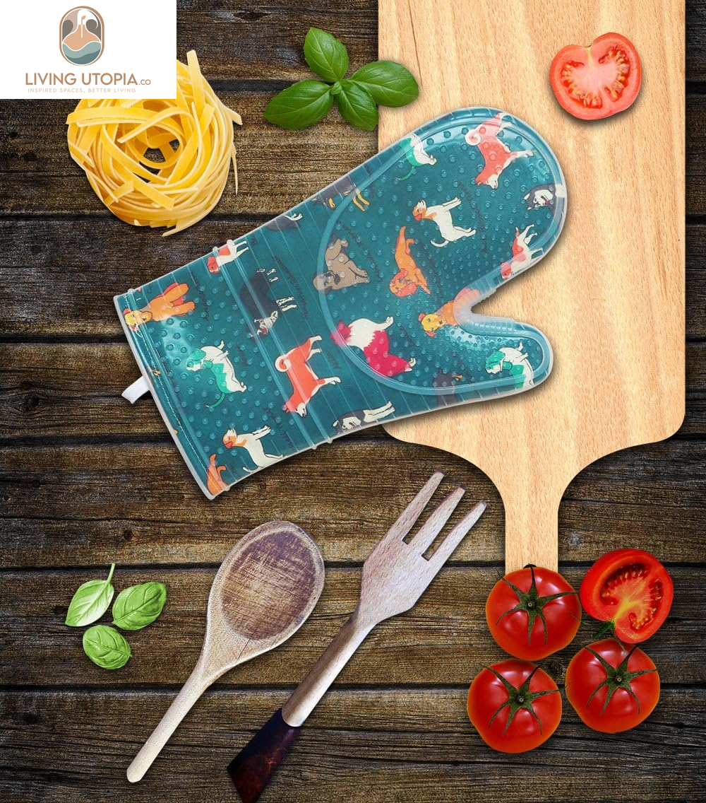 Oven Mitts Set of 2 with Transparent Clear Silicone Shell and Nice Dog Printing Cotton Lining, Heat Resistant to 500 F Kitchen Oven Gloves Pot Holder for Cooking (Blue)