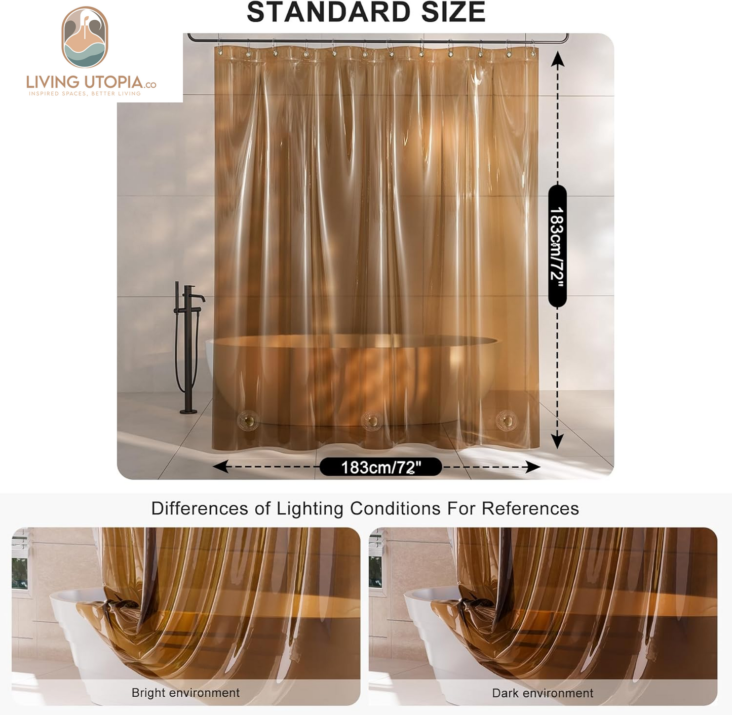 Shower Curtain Liner, 100% EVA Soft Clear Amber Heavy Duty Shower Curtain and Liner 2-In-1, 72X72 Luxury Plastic Weighted Bathroom Shower Liner, 12 Rustproof Grommets & 3 Heavyweight Stones
