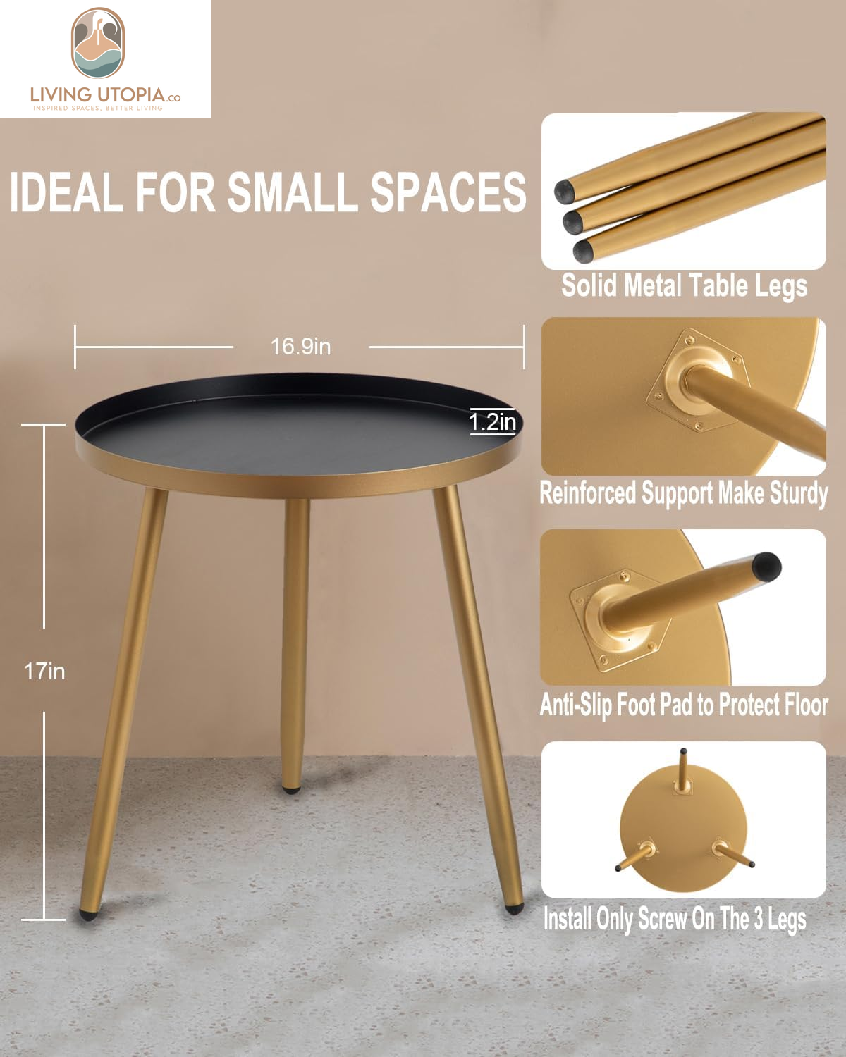 Round Black Side Table with Gold Legs
