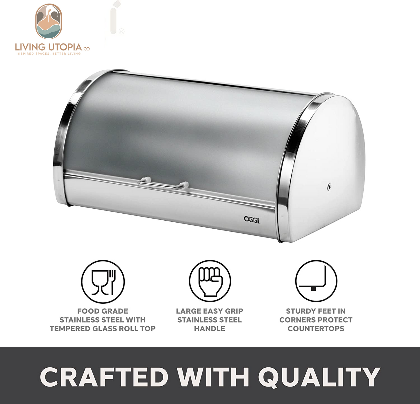 Stainless Steel Roll Top Bread Box for Kitchen Countertop with Frosted Plexilass Lid - Fits Multiple Loaves of Bread and Other Freshly Baked Goods Including Cookies, Bagels, Muffins
