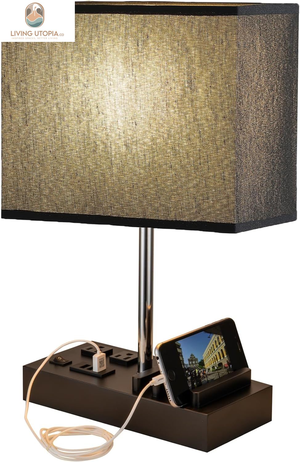 USB Table Lamp, Multi-Functional Bedside Desk Lamp with 2 AC Outlets, 3 USB Charging Ports and Wooden Phone Stand Organizer, Ideal Nightstand Lamp for Bedroom, Black Shade