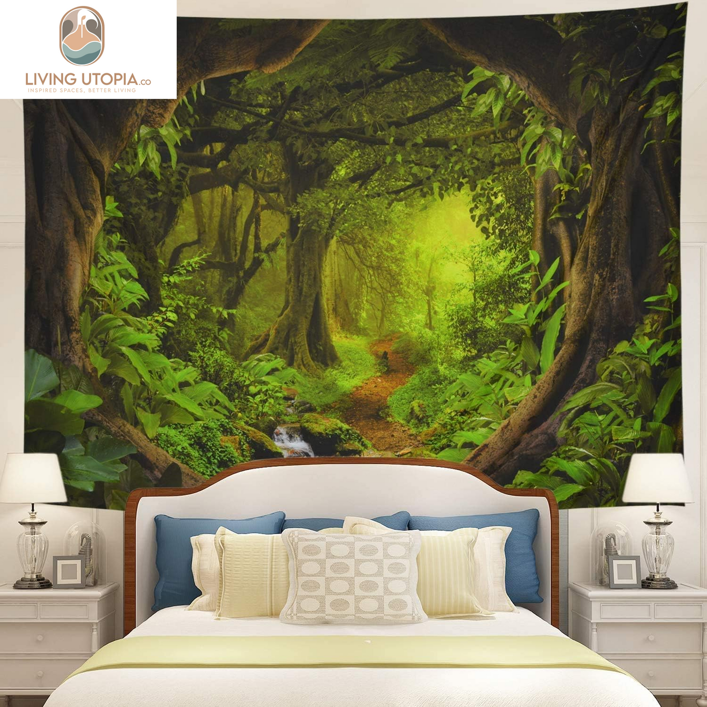 Forest Nature Tapestry - Tree Cave Wall Hanging, Misty Forest Stream through Rainforest Landscape, Jungle Creek Psychedelic for Living Room