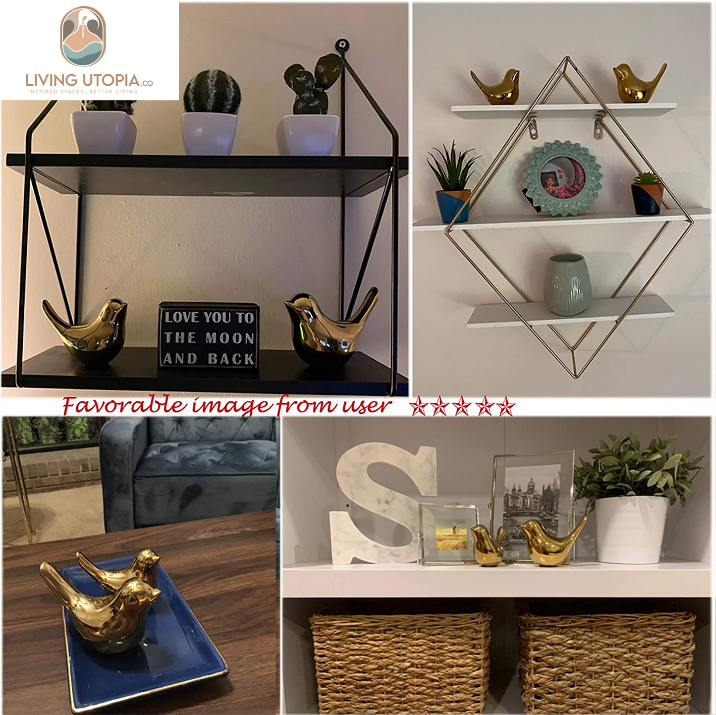 Small Birds Statues Gold Home Decor Modern Style Figurine Decorative Ornaments for Living Room, Bedroom, Office Desktop, Cabinets