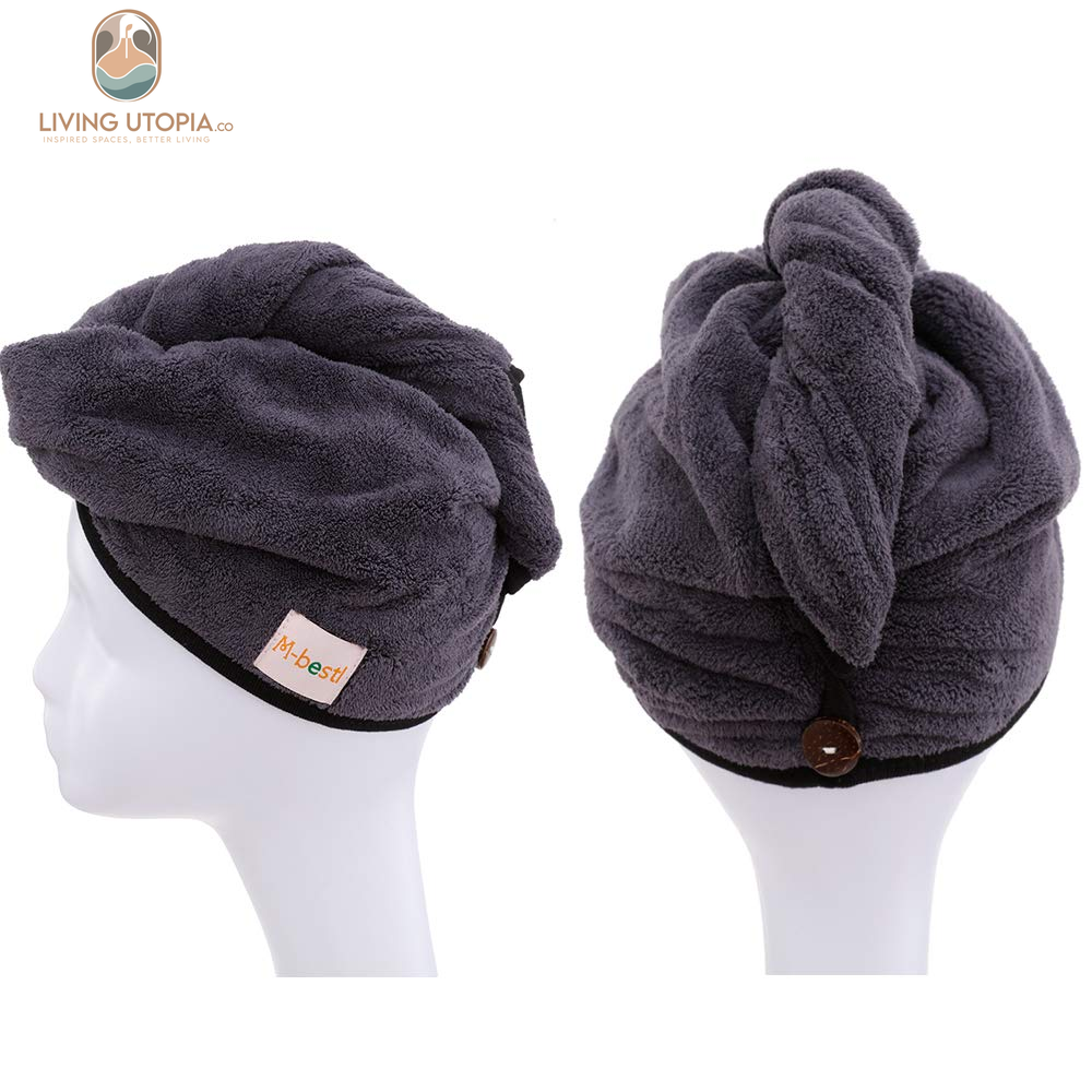 2 Pack Hair Drying Towels, Hair Towel Wrap,Absorbent Microfiber Hair Towel Turban with Button Design to Dry Hair More Quicker(Dark Gray& Blue)