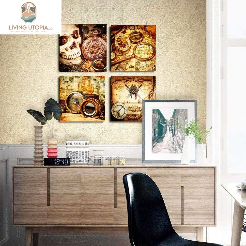 Pirate Ship Compass Restoring Ancient Ways Wall Art for Living Room Canvas Prints Artwork Bathroom Wall Decor Watercolor Painting 4 Piece Framed Bedroom Wall Decorations Office Home Decoration