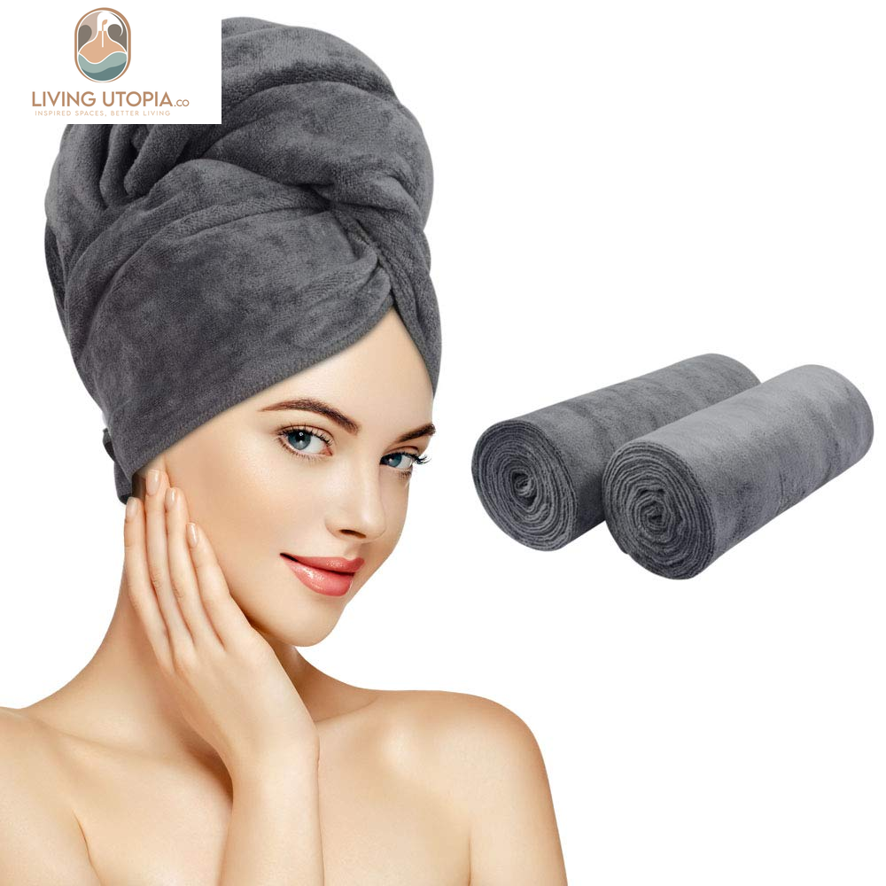 Microfiber Hair Towels anti Frizz Hair Drying Towel Super Absorbent Fast Drying Turbans for Wet Curly Hair Soft Hair Towel Wrap with Elastic Band for All Hair Types 40 X 20 Inches 2Pack Grey
