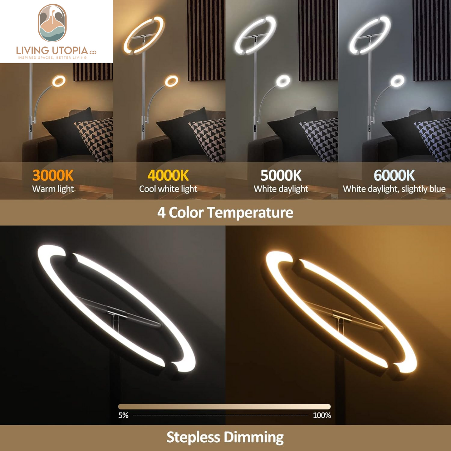 Split Floor Lamp with Reading Light, Modern Bright LED Rotatable Standing Lamp with Stepless Dimming and 3000K-6000K Color for Living Room Bedroom Office, Touch and Remote Control, Gray