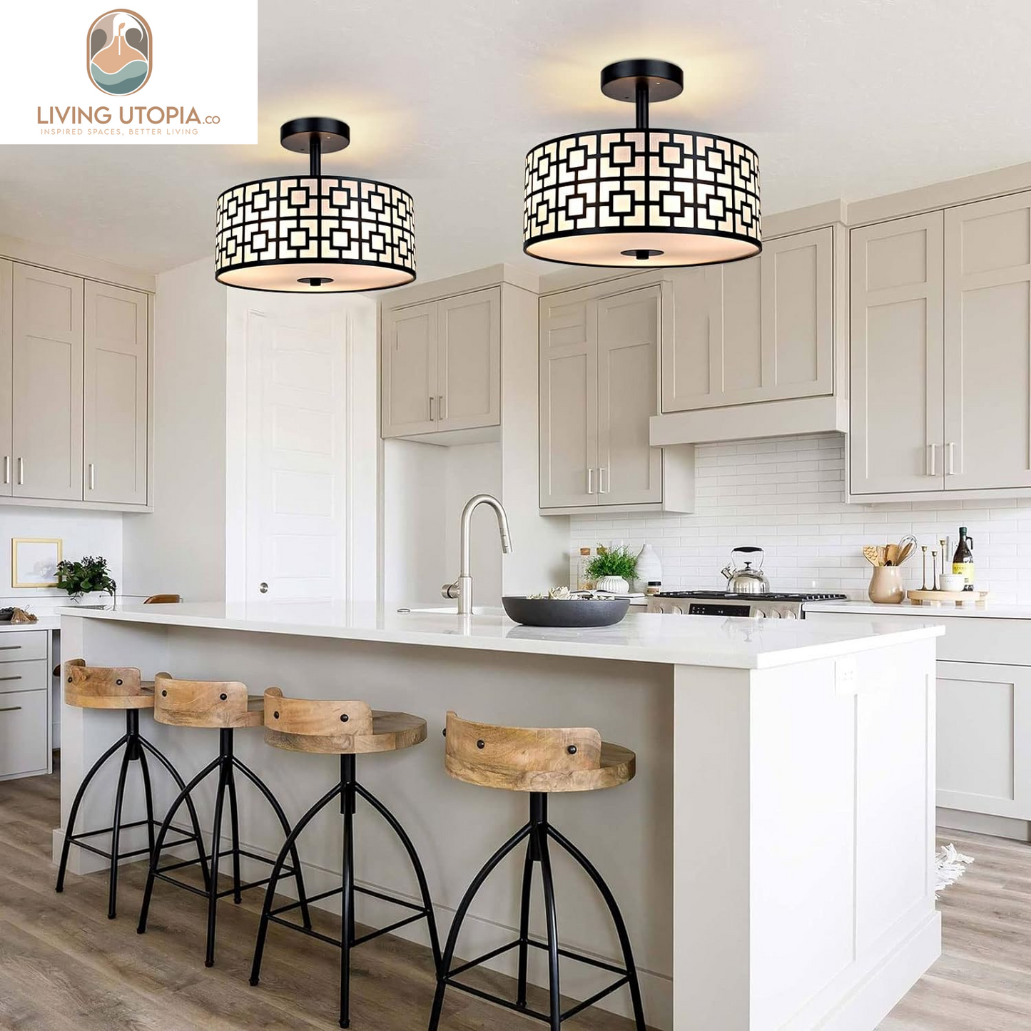 DLLT Flush Mount Ceiling Light: Modern 3-Light Semi Flush Mount Ceiling Light Fixture - Drum Kitchen Lighting Fixture for Dining Room - Black Bedroom Ceiling Lamp with Double Shade