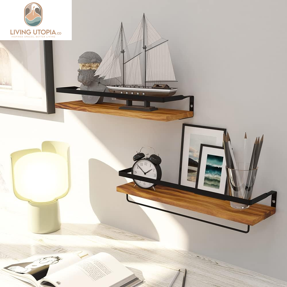 Floating Shelves for Wall, Bathroom Shelves with Towel Bar, Wall Mounted Storage Shelves for Kitchen, Bathroom, Set of 2 Carbonized Black