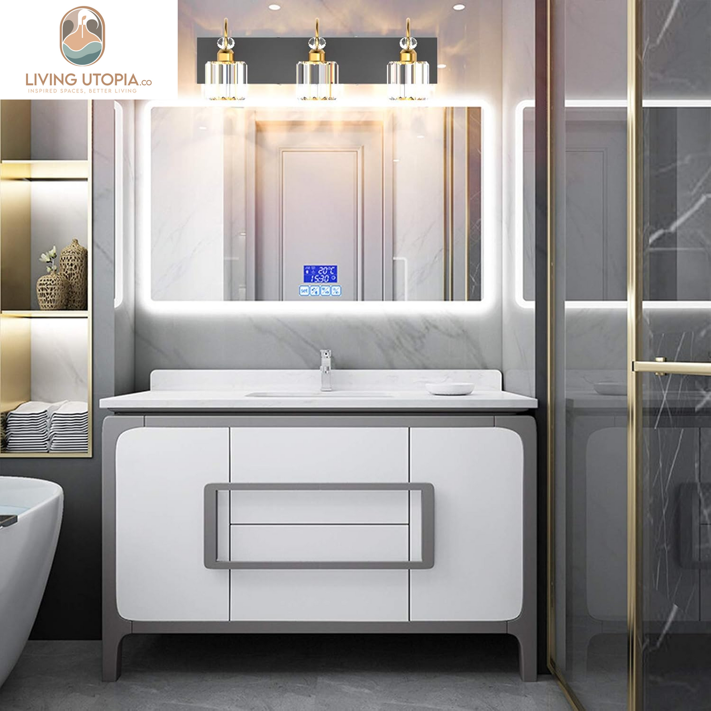 Modern Bathroom Vanity Light Fixture, 3-Lights, Black Metal & Crystal, HJ-8600-3T