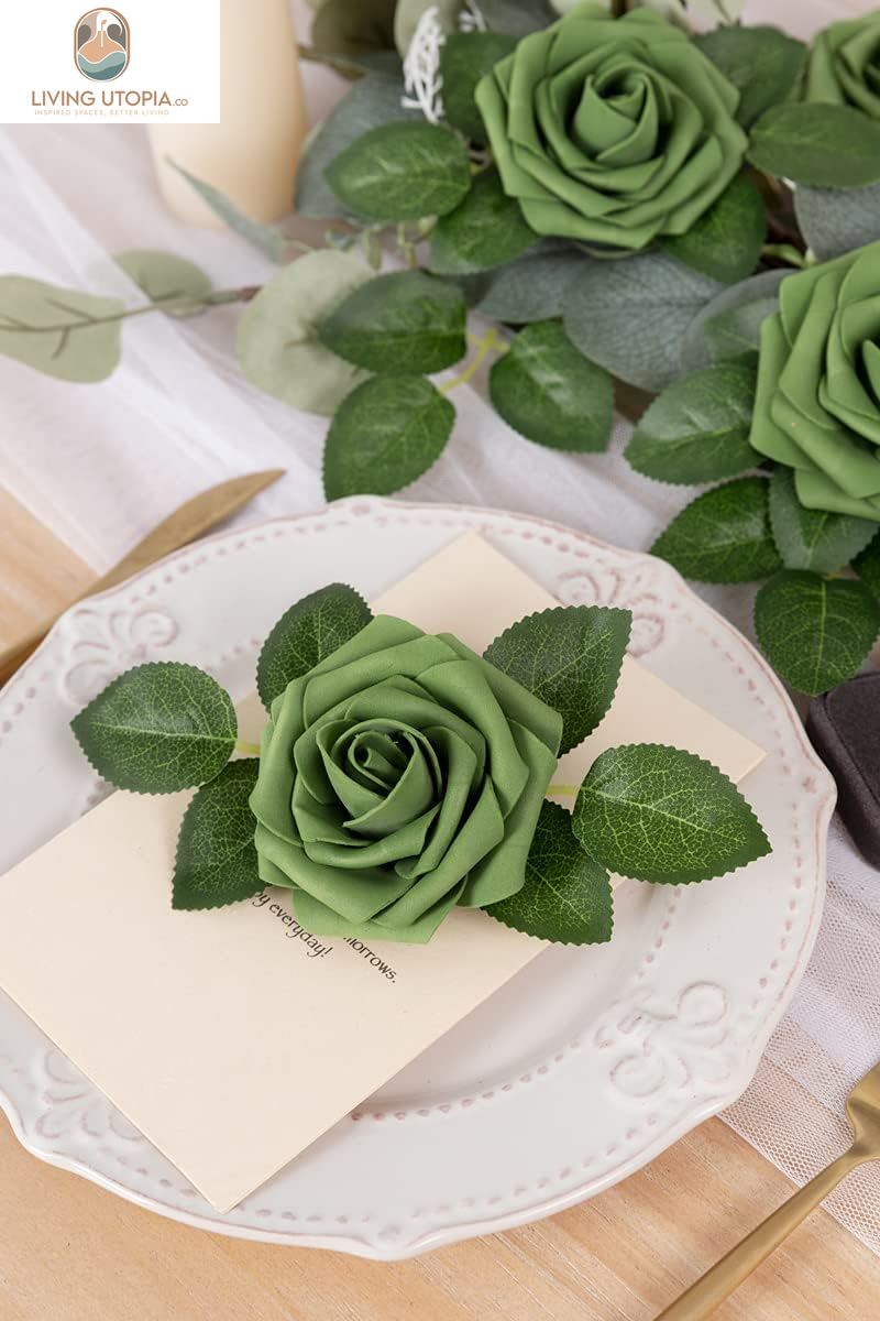 Artificial Flowers Roses Army Green Foam Rose 50Pcs Fake Flowers with Stem for DIY Wedding Bouquets Centerpieces Bridal Baby Shower Party Home Shower Arrangement Decoration