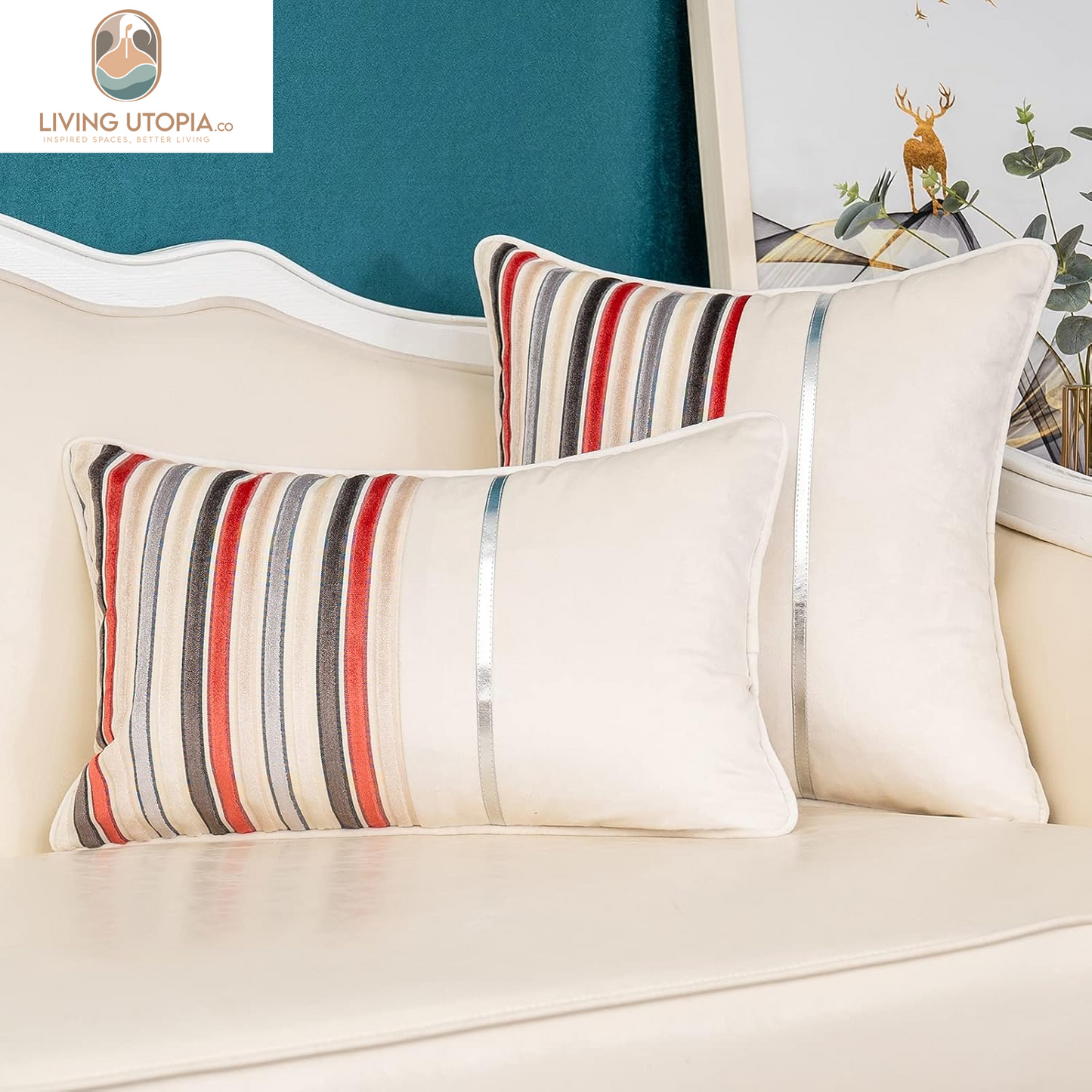 Red Striped Patchwork Throw Pillow Cover Gold Leather Cushion Cover Zippered Rectangular Pillowcase for Sofa Couch Bedroom Living Room Home Decoration, 12X20 Inch