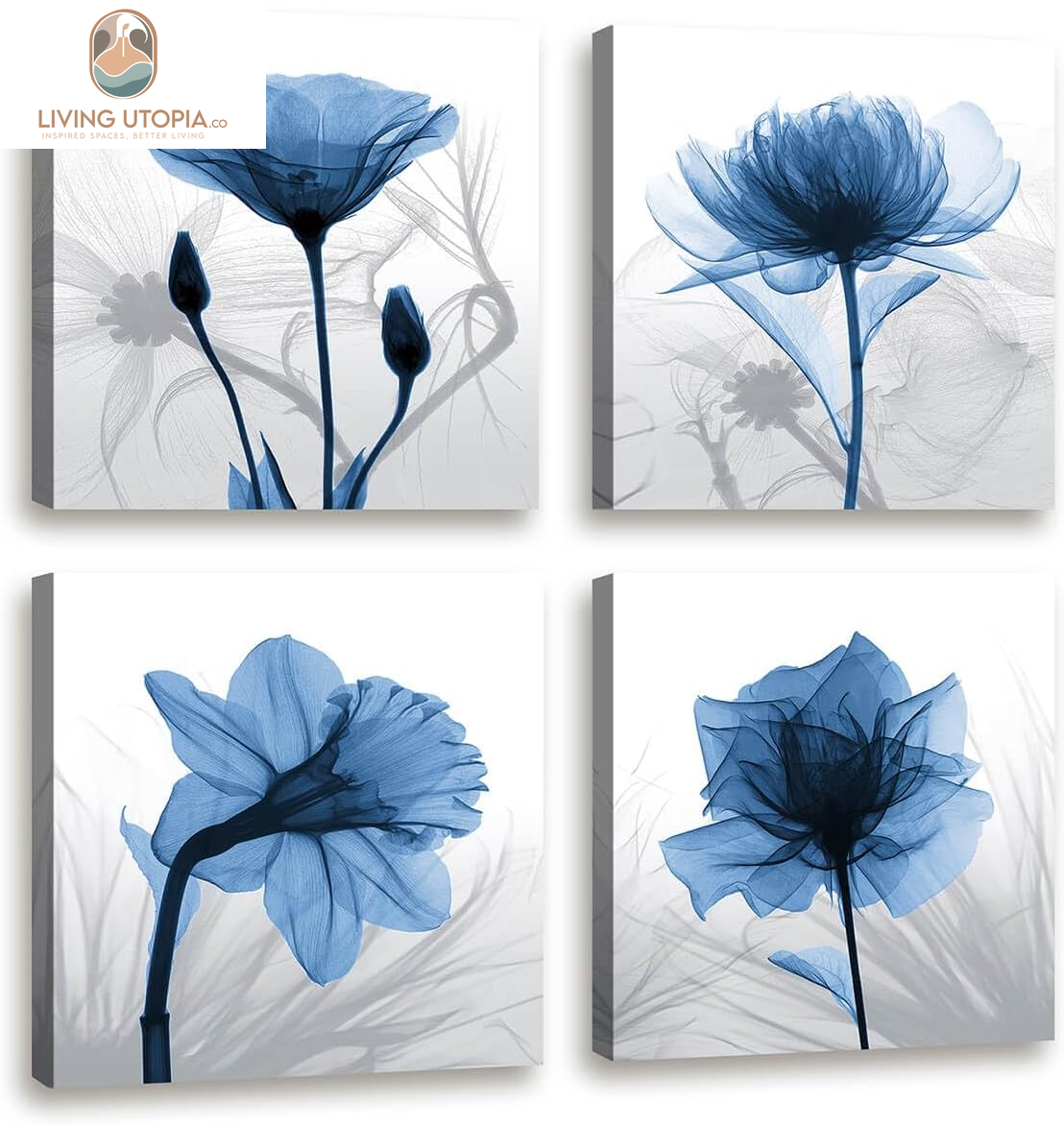 Wall Decorations for Living Room Decor - 4 Panel Elegant Tulip Flower Canvas Print Wall Art Paintings for Dining Room Wall Decor and Modern Framed Art Home Decor Size: 12X12Inchx4Pcs Blue Flower Print