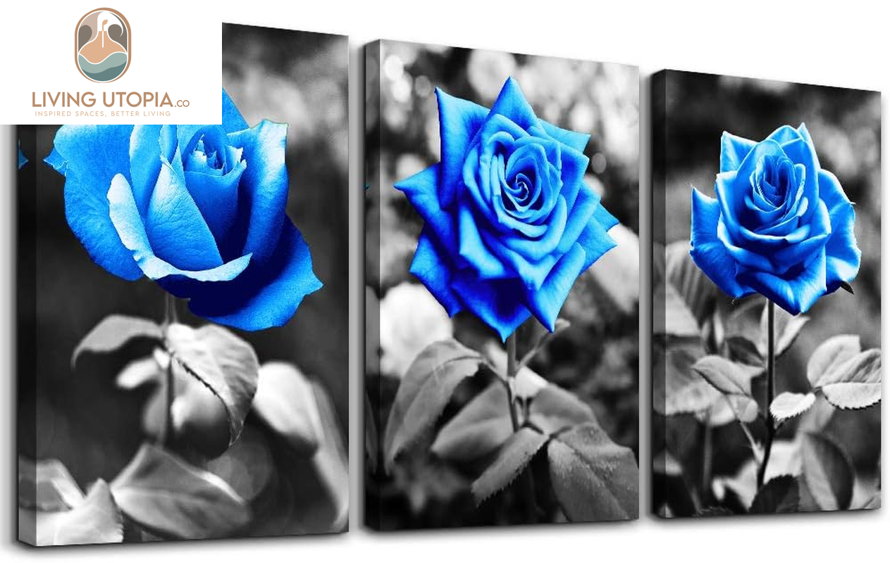 Bedroom Wall Art for Living Room Bathroom Wall Decor for Kitchen Family Pictures Artwork Black and White Blue Rose Flowers Canvas Paintings 12" X 16" 3 Pieces Framed Modern Office Home Decorations