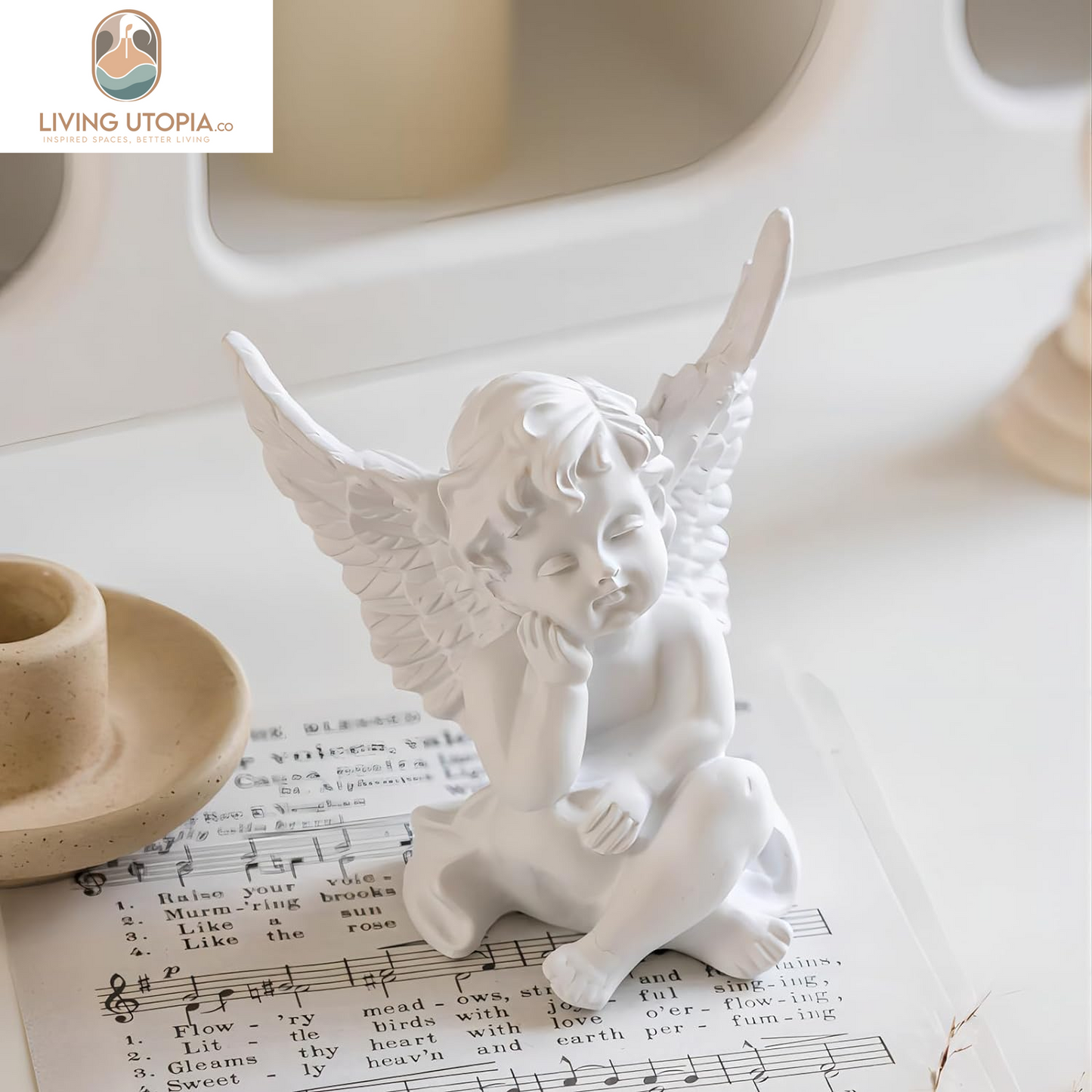 Set of 2 Cherubs Angels Resin Statue Figurine, Indoor Home Decoration, Adorable Angel Sculpture Memorial Statue 4" - White