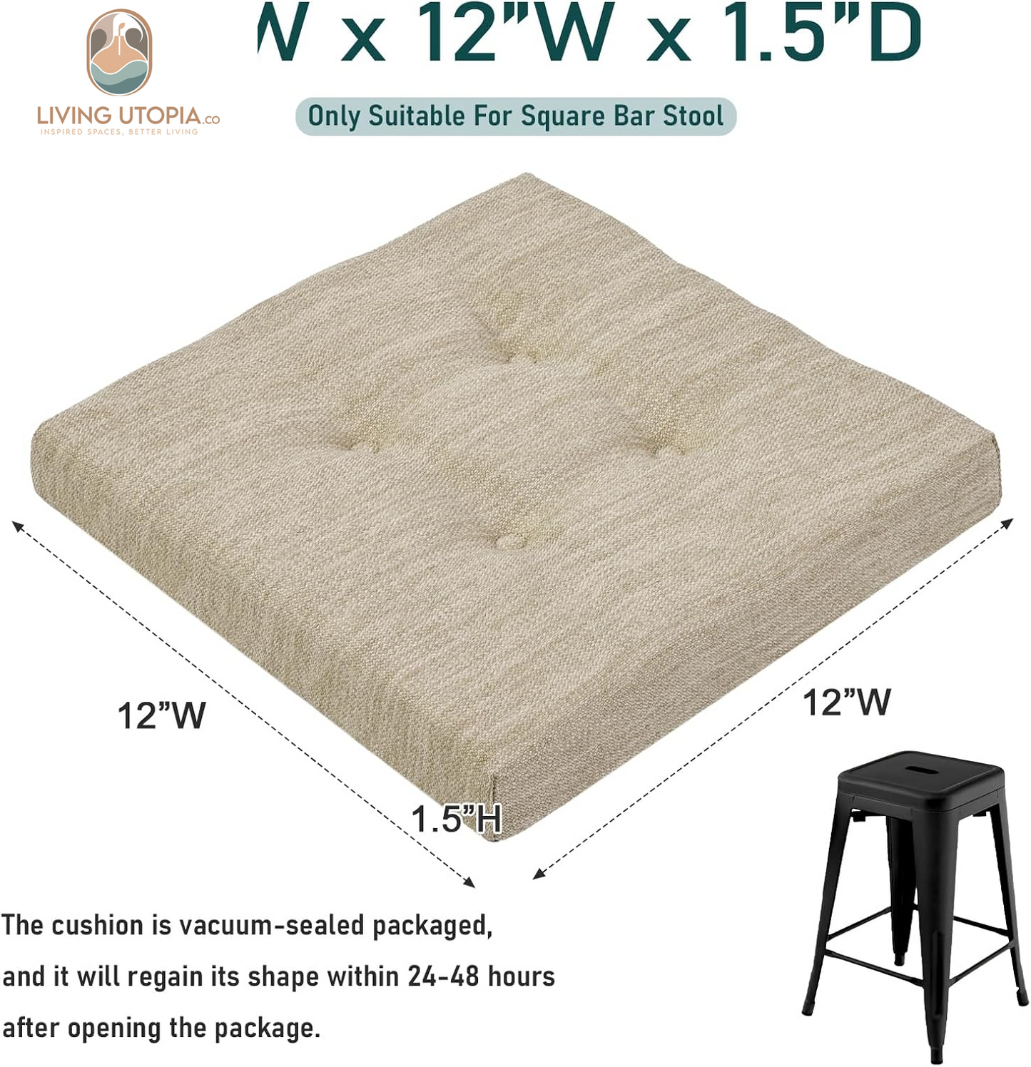 12 Inches Square Seat Cushion Set of 2, Super Soft Bar Stool Square Seat Cushion with Ties- 2 Pads Only, Beige (12'' (30CM))