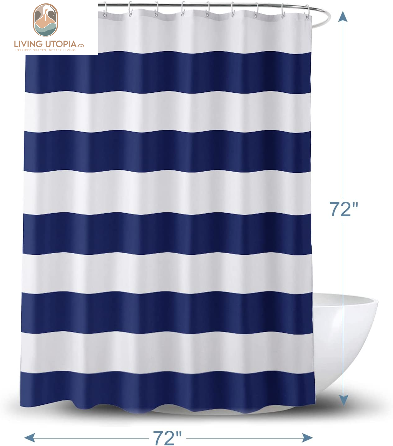 Navy Blue Shower Curtain Stripes, 72" W X 72" H Blue and White Shower Curtain, Fabric Shower Curtain for Bathroom, with 2 Heavy Stones