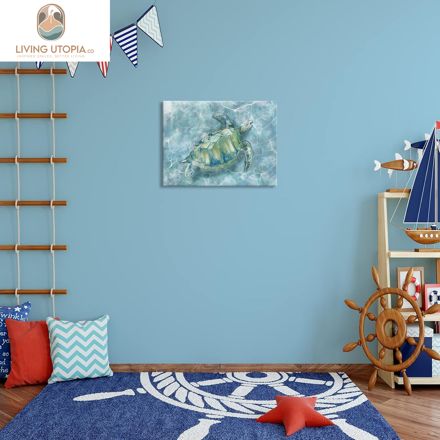 Bathroom Wall Decor Canvas Wall Art for Bedroom Sea Turtle Pictures Blue Coastal Room Decorations Artwork Green Turtle Wall Decorations 16” X 24”